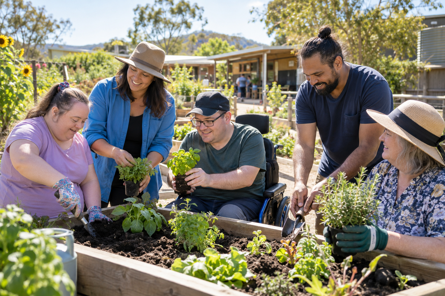 Adults taking part in an accessible gardening activity together