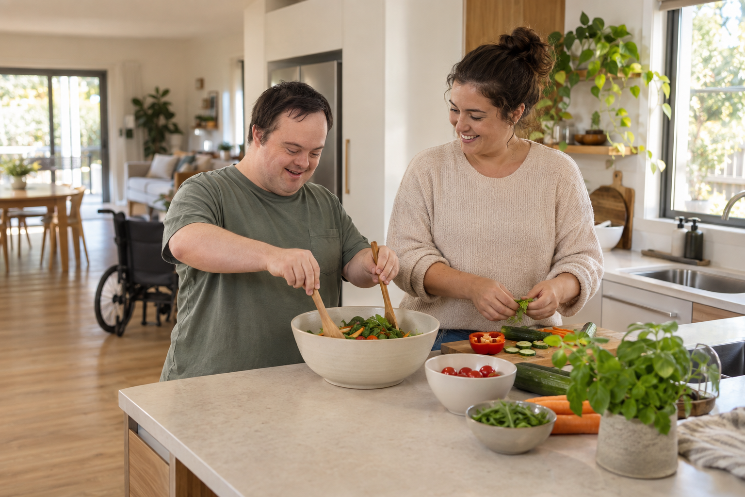 A participant and support worker preparing a meal together at home